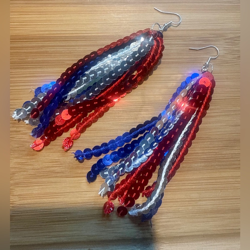 Handmade Patriotic Sequin 3.5” Dangle Earrings